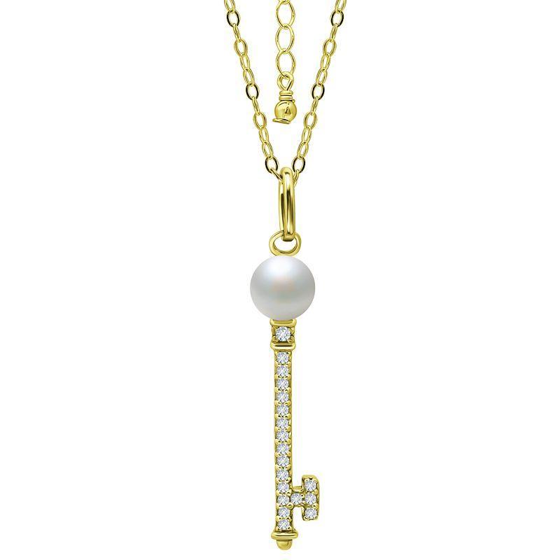 Aleure Precioso Sterling Silver Cubic Zirconia Key Pendant with Freshwater Cultured Pearl Top, Womens Gold Product Image