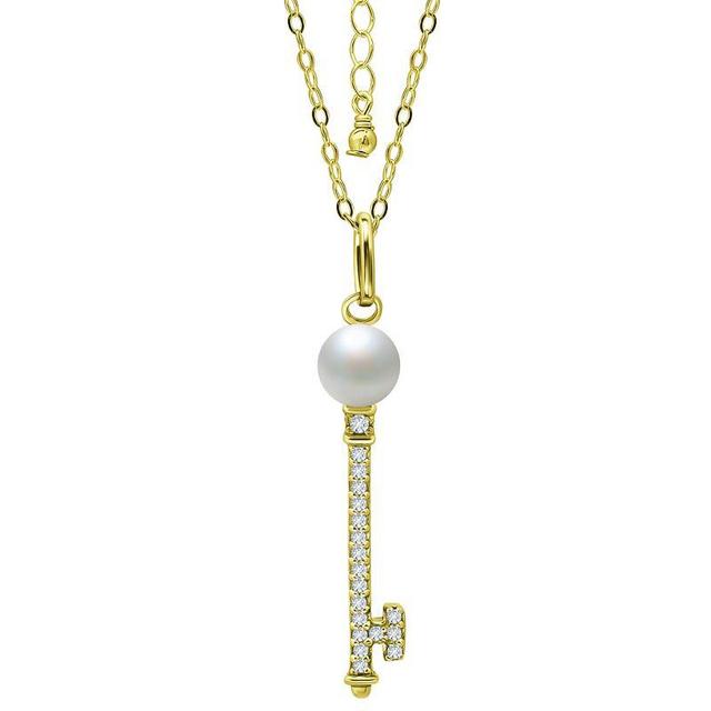 Aleure Precioso Sterling Silver Cubic Zirconia Key Pendant with Freshwater Cultured Pearl Top, Womens Gold Tone Product Image