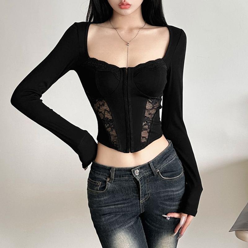 Long Sleeve Square Neck Plain Lace Trim Crop Top Product Image