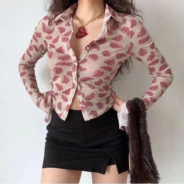 Long-Sleeve Collared Patterned Print Button Top Product Image