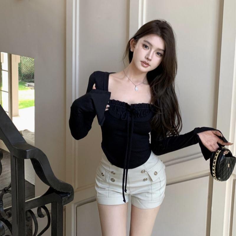 Long-Sleeve Square Neck Plain Top Product Image