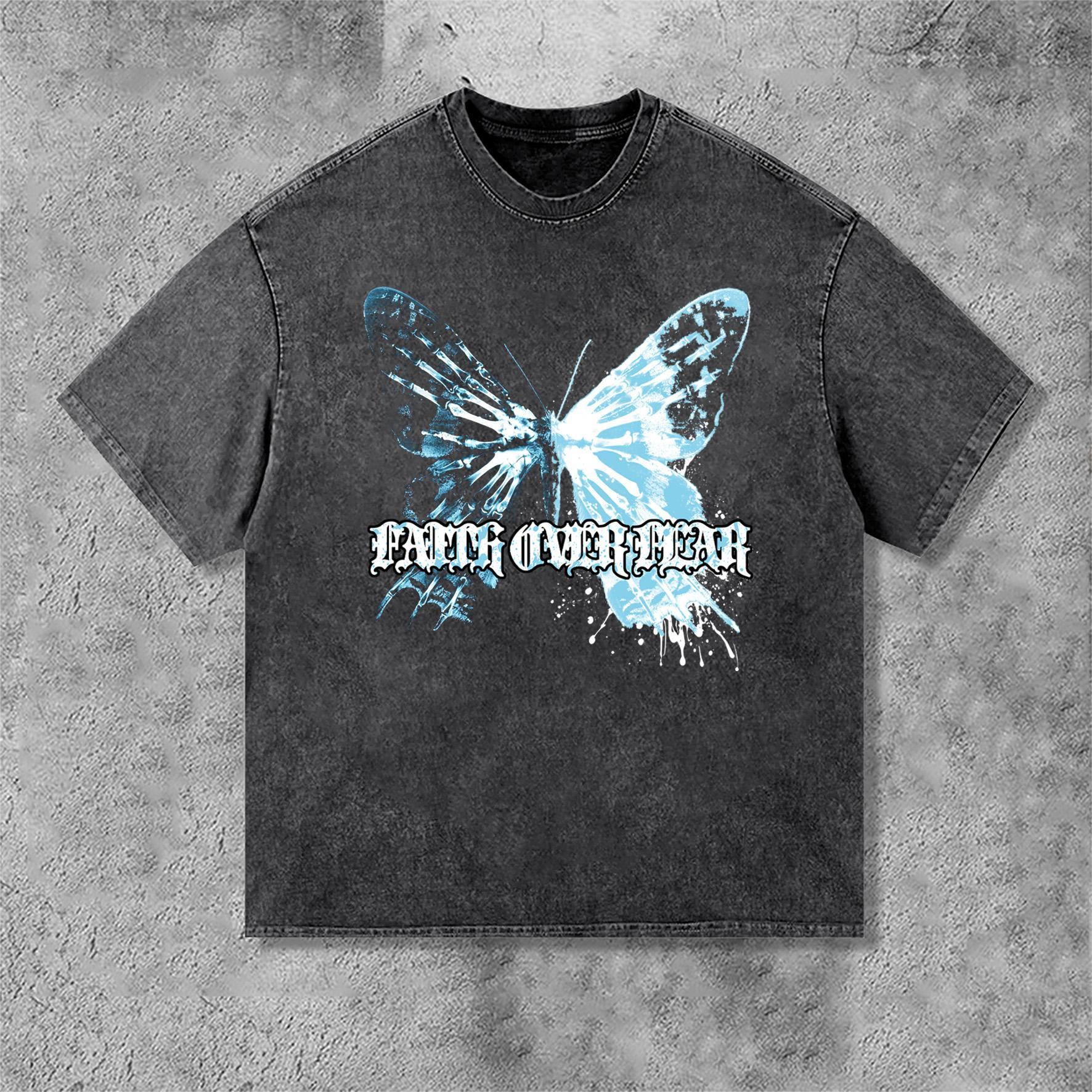 Irregular Butterfly Graphics Faith Over Fear Print Acid Washed T-Shirt Product Image