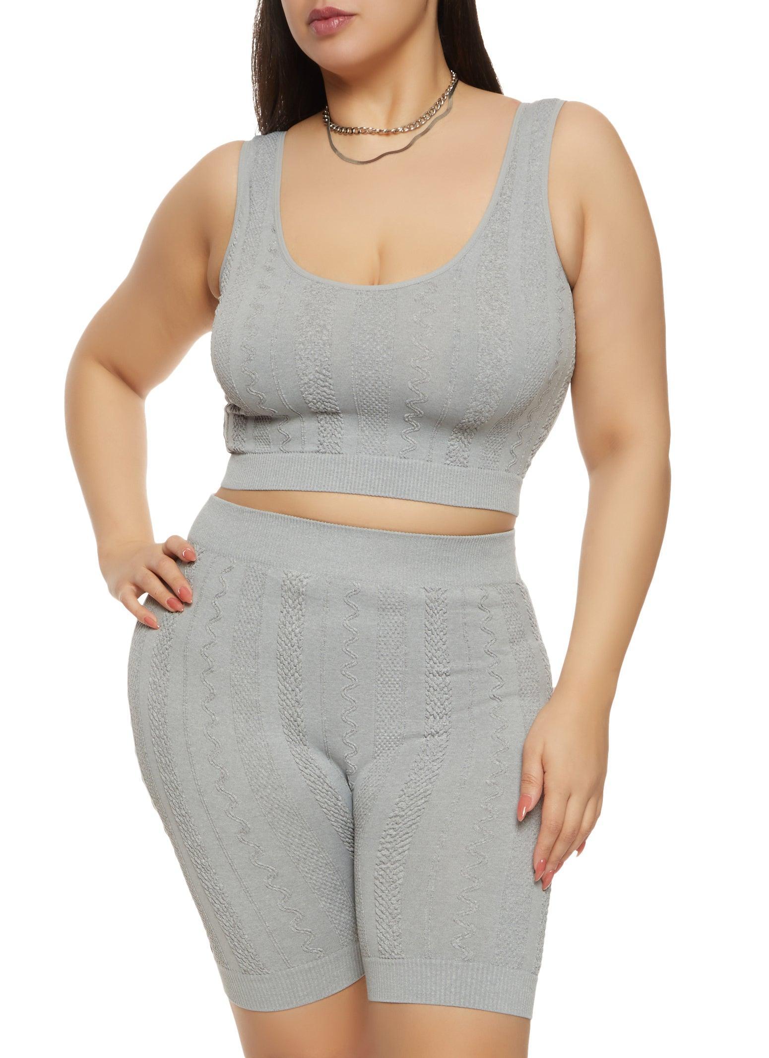 Womens Plus Size Textured Knit Cropped Tank Top and Biker Shorts Set Product Image