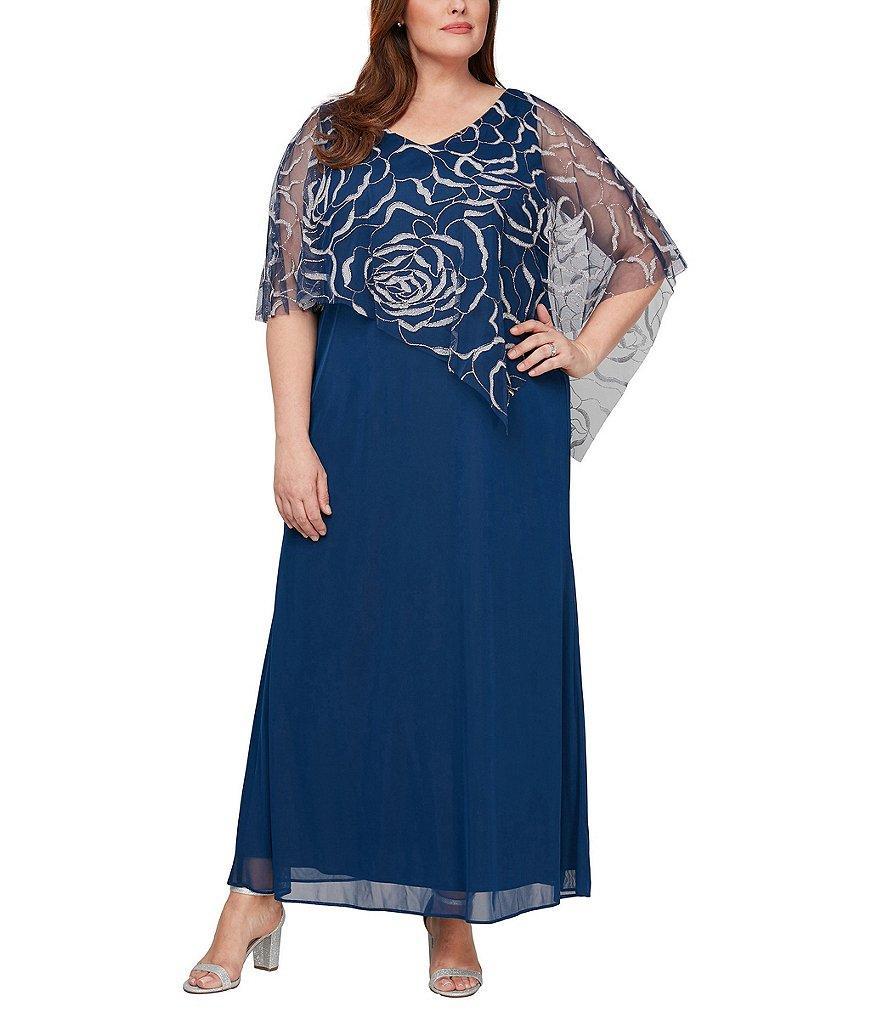 Ignite Evenings Plus Size Short Sleeve Asymmetrical Glitter Mesh Capelet V-Neck Jersey Gown Product Image