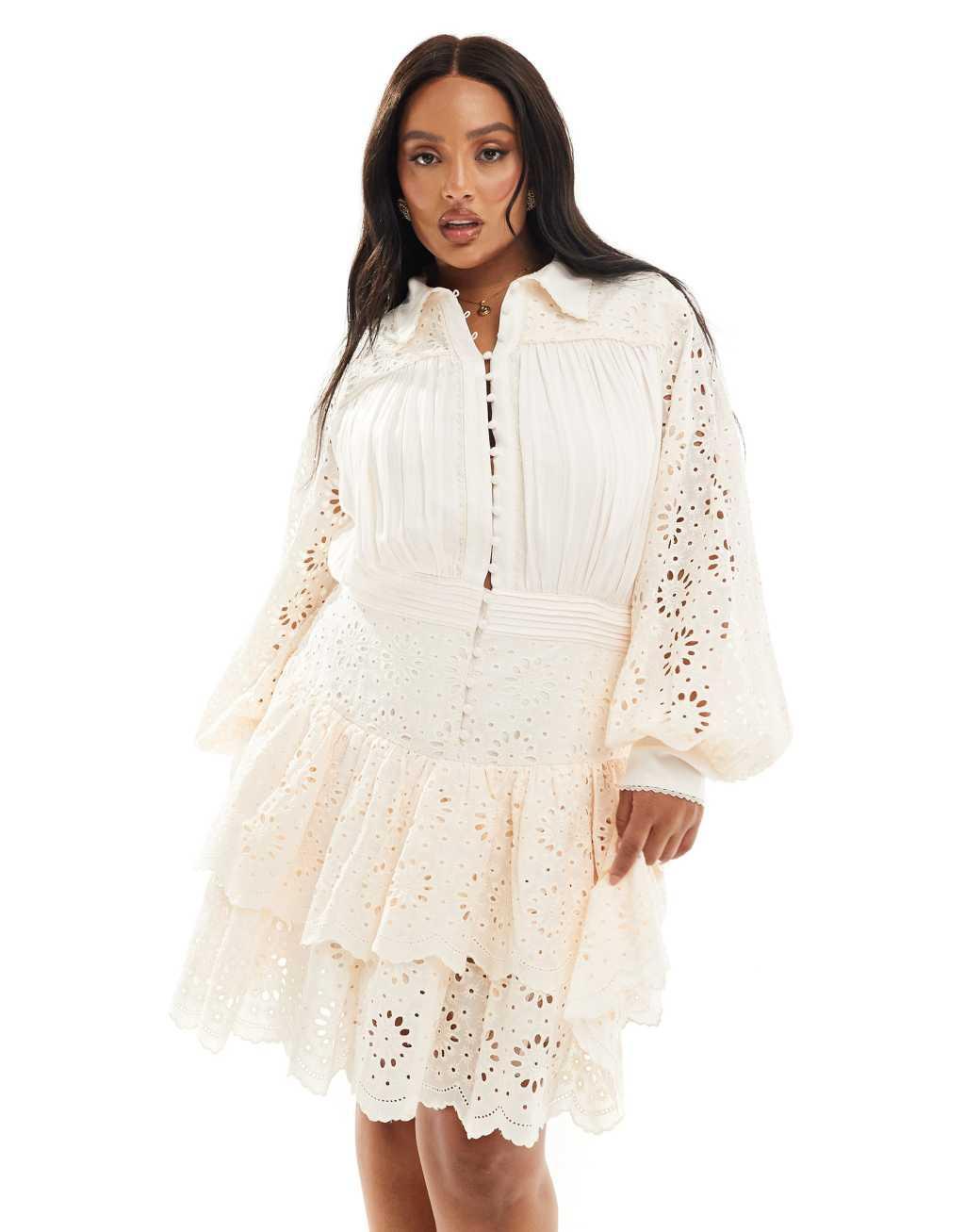 ASOS LUXE Curve eyelet peplum mini shirt dress in cream product image