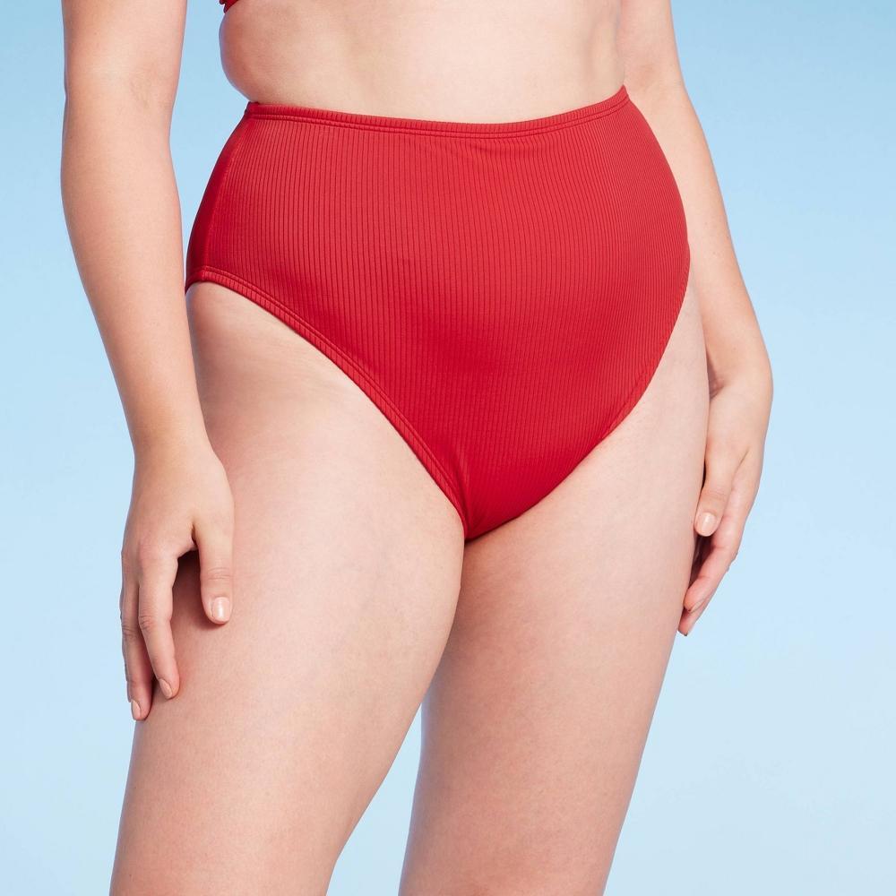 Womens High Waist High Leg Ribbed Medium Coverage Bikini Bottom - Shade & Shore Red XL Product Image