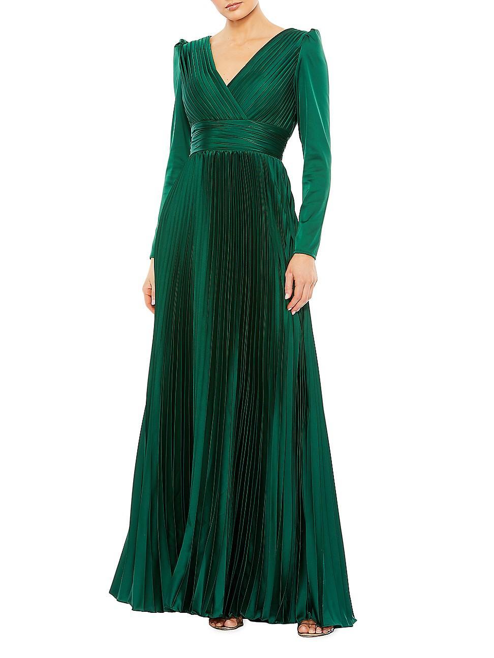 Mac Duggal Long Sleeve Pleated Chiffon A-Line Gown Product Image