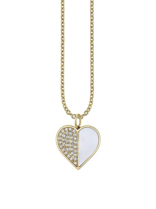 Womens Large Pav Heart 14K Gold & Diamond Pendant Necklace Product Image