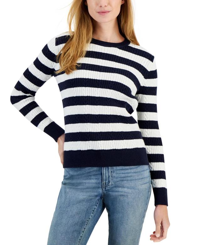 Tommy Hilfiger Womens Cotton Striped Cable-Knit Sweater - Sky Captain/ Product Image