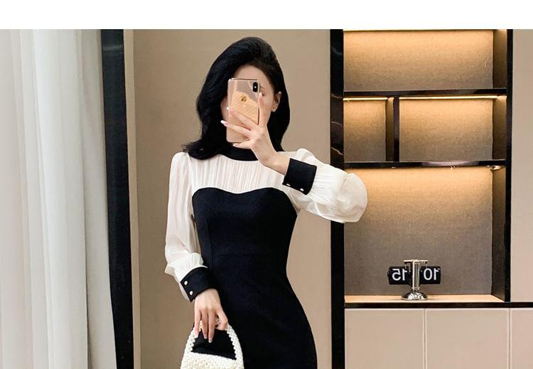 Long-Sleeve Mock Neck Two Tone Midi Sheath Dress Product Image