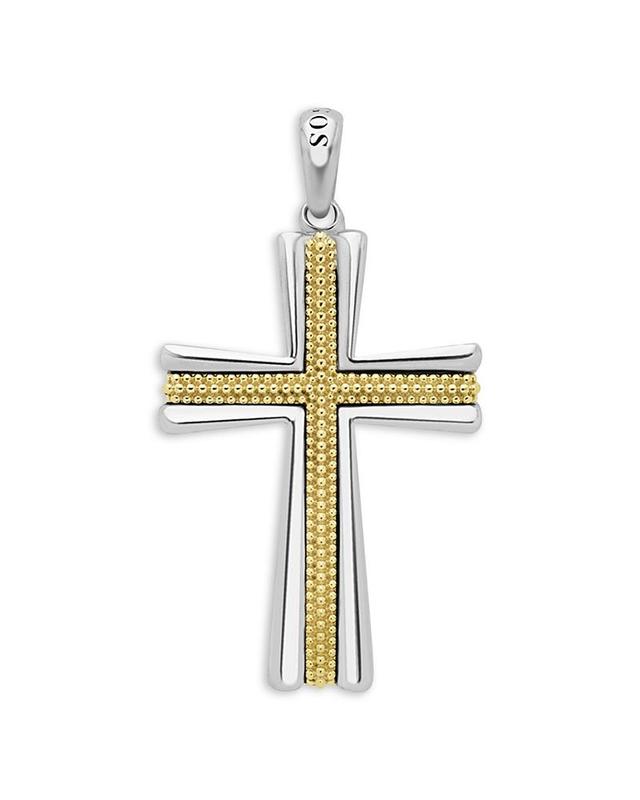 Lagos Mens 18K Yellow Gold & Sterling Silver Anthem Caviar Bead Cross Pendant - Exclusive Product Image