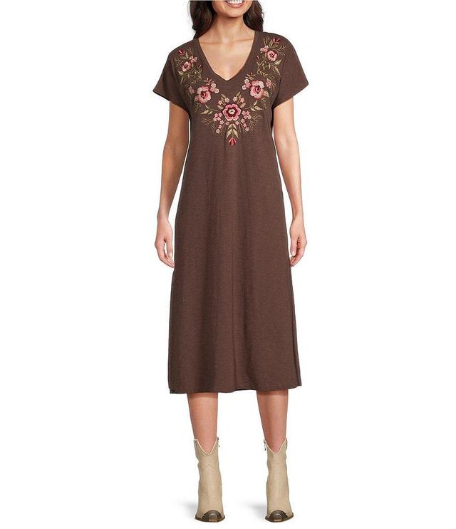 Reba V-Neck Short Sleeve Floral Embroidered Knit Shift Midi Dress Product Image