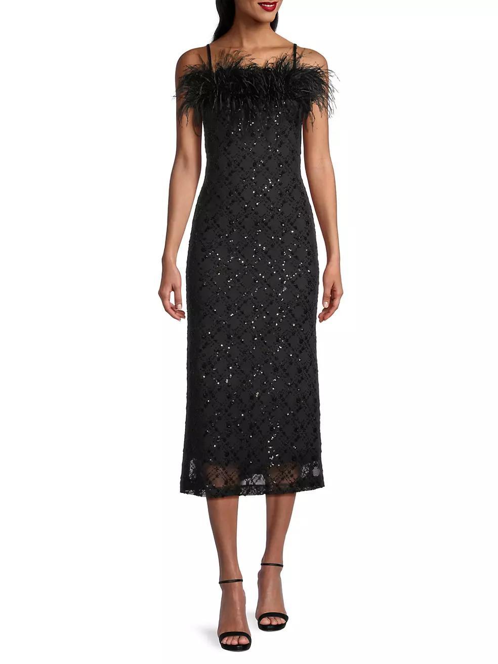 Lucca Beaded Feather-Embellished Midi-Dress Product Image