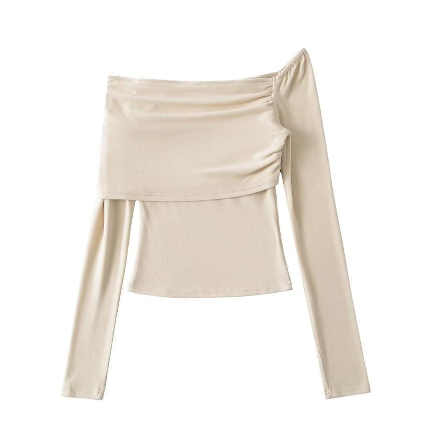 Long Sleeve Off Shoulder Plain Ruched Crop T-Shirt Product Image