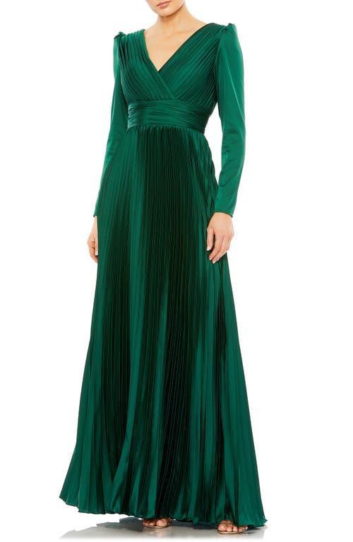 Mac Duggal Long Sleeve Pleated Chiffon A-Line Gown Product Image