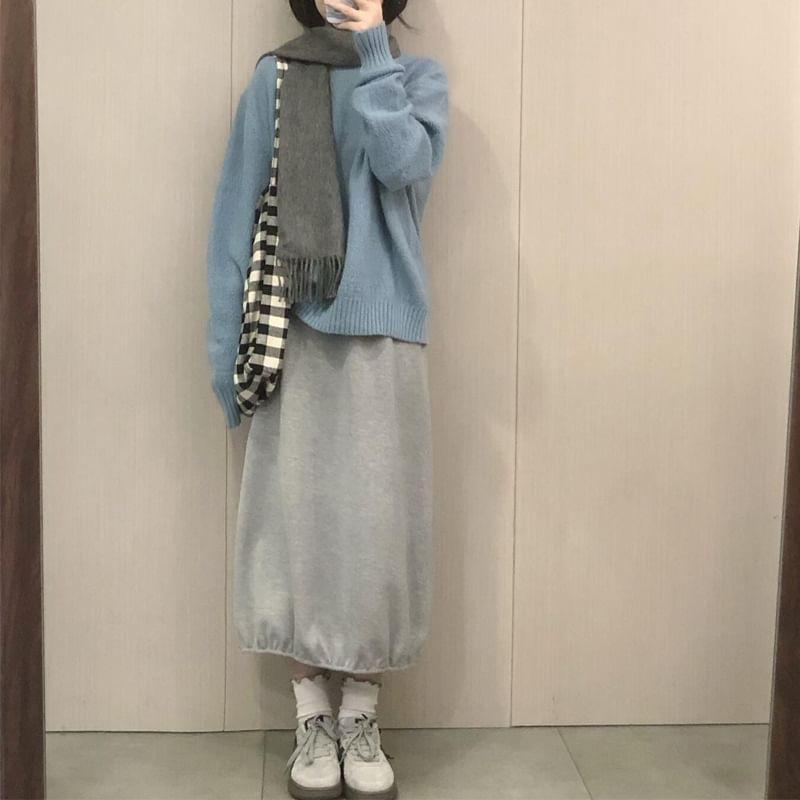 Set: Long-Sleeve Round Neck Plain Sweater + High Rise Midi A-Line Skirt Product Image