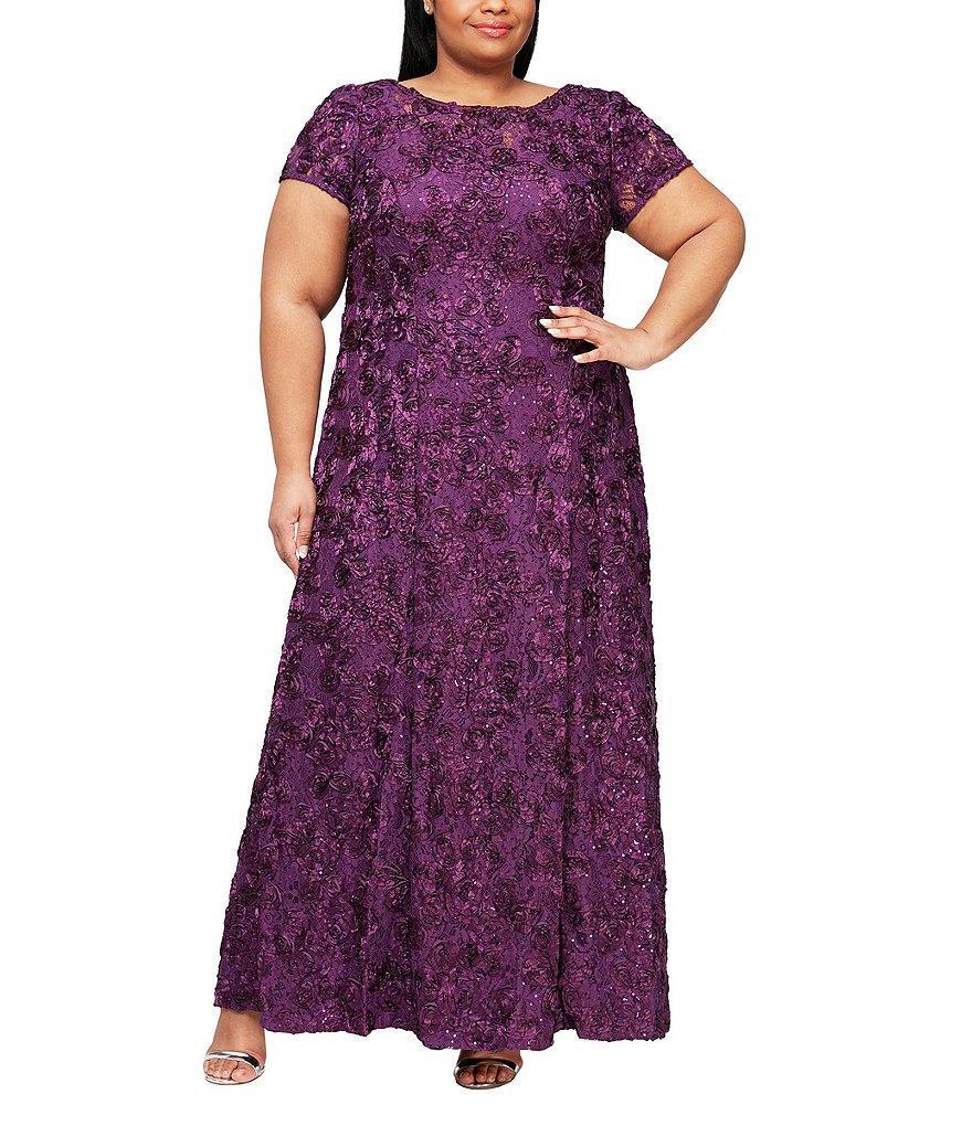 Alex Evenings Plus Size Crew Neck Floral Rosette Short Sleeve A-Line Gown Product Image