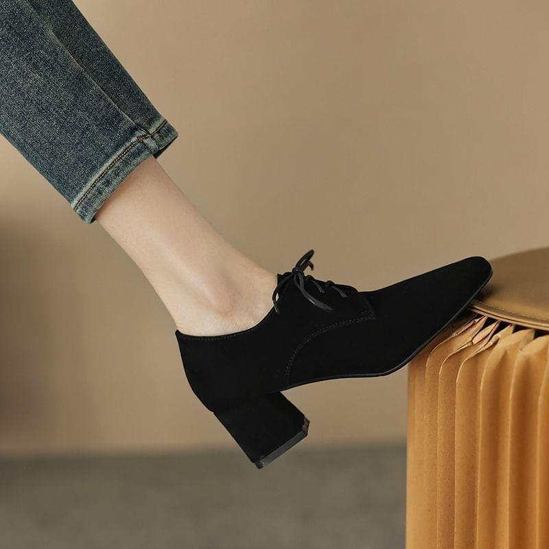 Square Toe Chunky Heel Lace-Up Shoes product image