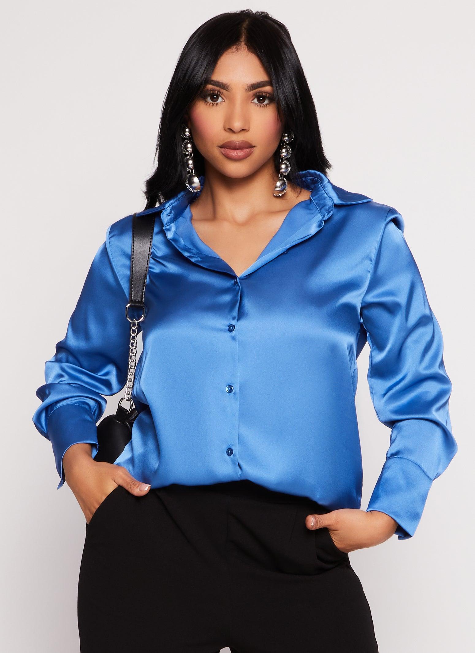 Womens Satin Button Front Long Sleeve Shirt Product Image