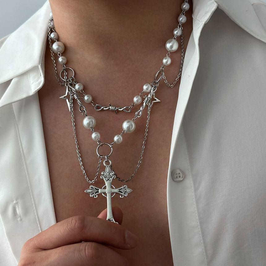 Cross Pendant Faux Pearl Layered Necklace Product Image