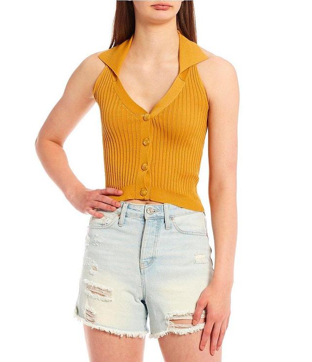 Evolutionary Button Front Johnny Collar Halter Rib Knit Crop Top Product Image