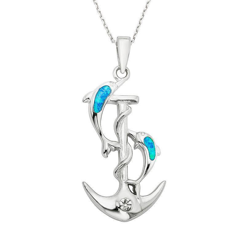 Lab-Created Blue Opal & Cubic Zirconia Sterling Silver Dolphin & Anchor Pendant Necklace, Womens Product Image