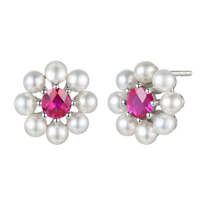 Sterling Silver Freshwater Cultured Pearl & Lab-Created Ruby Stud Earrings, Womens Product Image