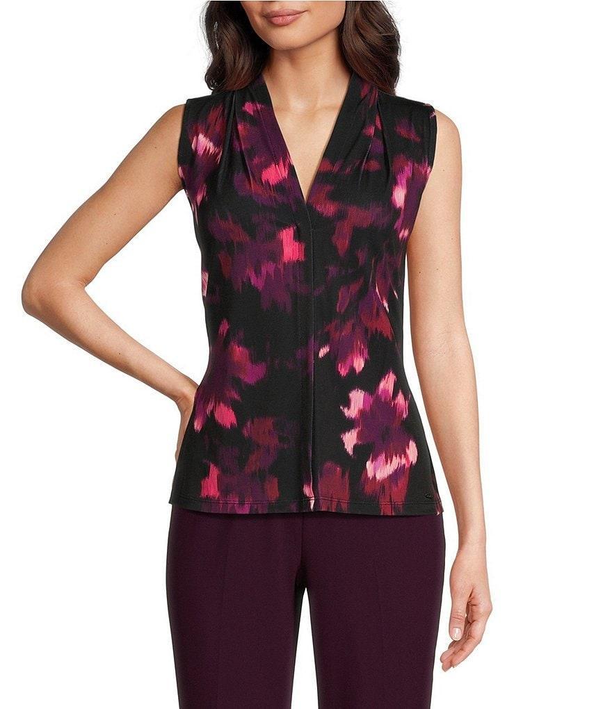 Calvin Klein Printed Sleeveless Pleat V-Neck Cami Top Product Image