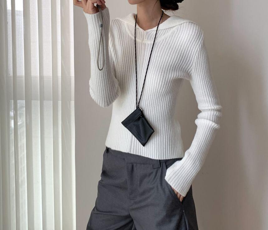 Plain Ribbed Knit Slim Fit Crop Hoodie Product Image