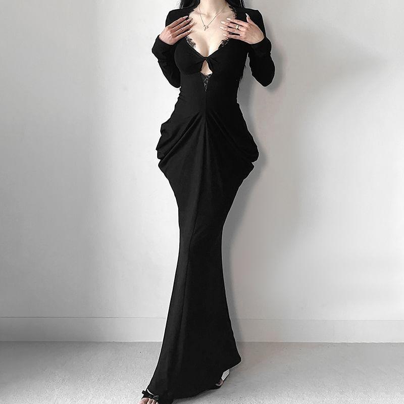 Long-Sleeve V-Neck Plain Cutout Lace Panel Maxi Sheath Dress Product Image