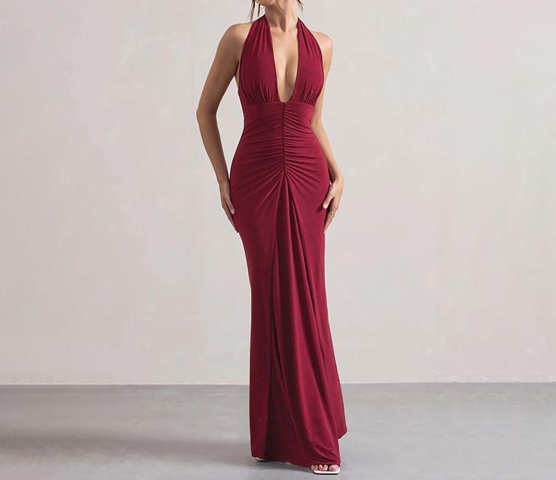 Halter Plain Ruched Maxi Sheath Dress Product Image