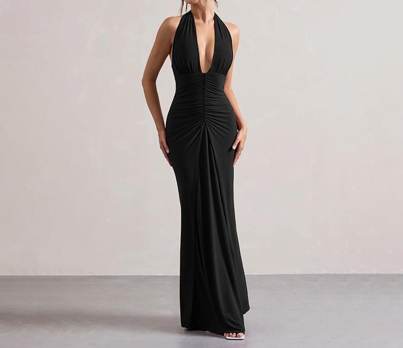 Halter Plain Ruched Maxi Sheath Dress Product Image