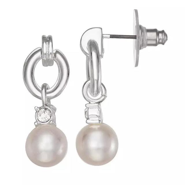 Nine West Silver Tone Link Crystal & Simulated Pearl Drop Earrings, Womens Product Image