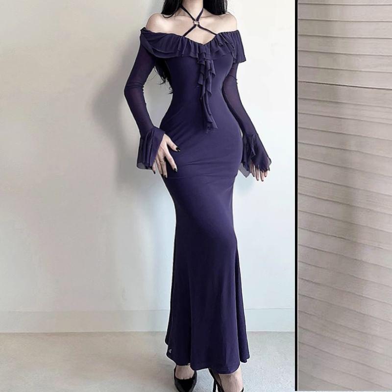 Flared-Sleeve Cold-Shoulder Plain Ruffle Maxi Mermaid Dress Product Image