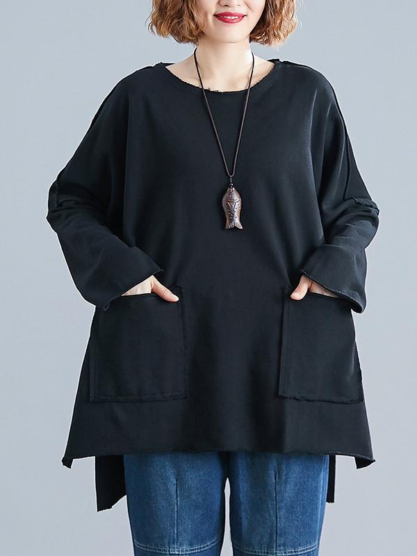 High-Low Long Sleeves Pockets Solid Color Split-Joint Split-Side Round-Neck Sweatshirt Tops Product Image