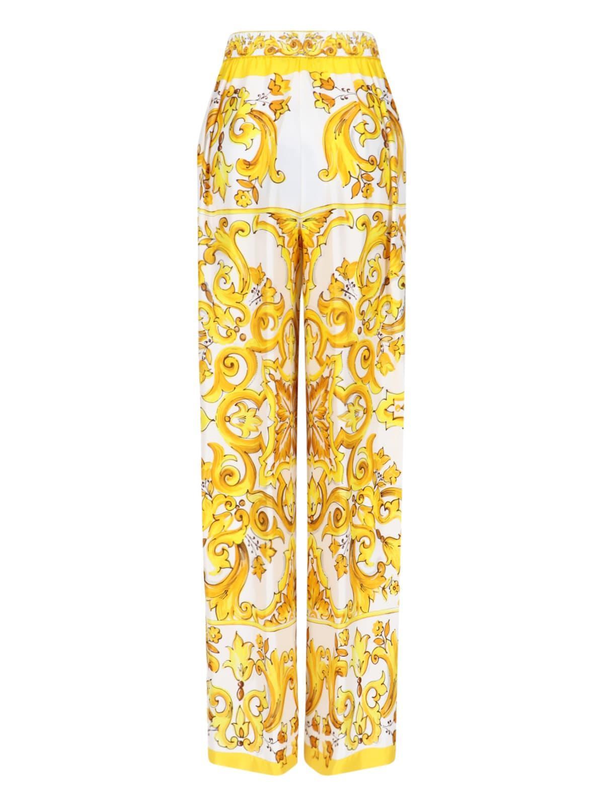 DOLCE & GABBANA Maiolica Printed Silk Wide Pants In Yellow Product Image