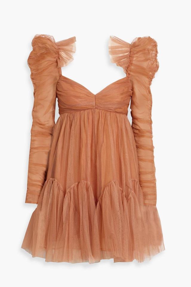 ZIMMERMANN Ruched Tulle Mini Dress In Light Brown Product Image