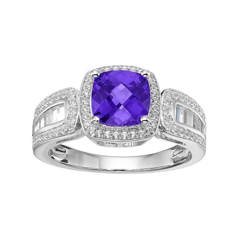 Sterling Silver Amethyst & Lab-Created White Sapphire Halo Ring, Womens Purple Product Image