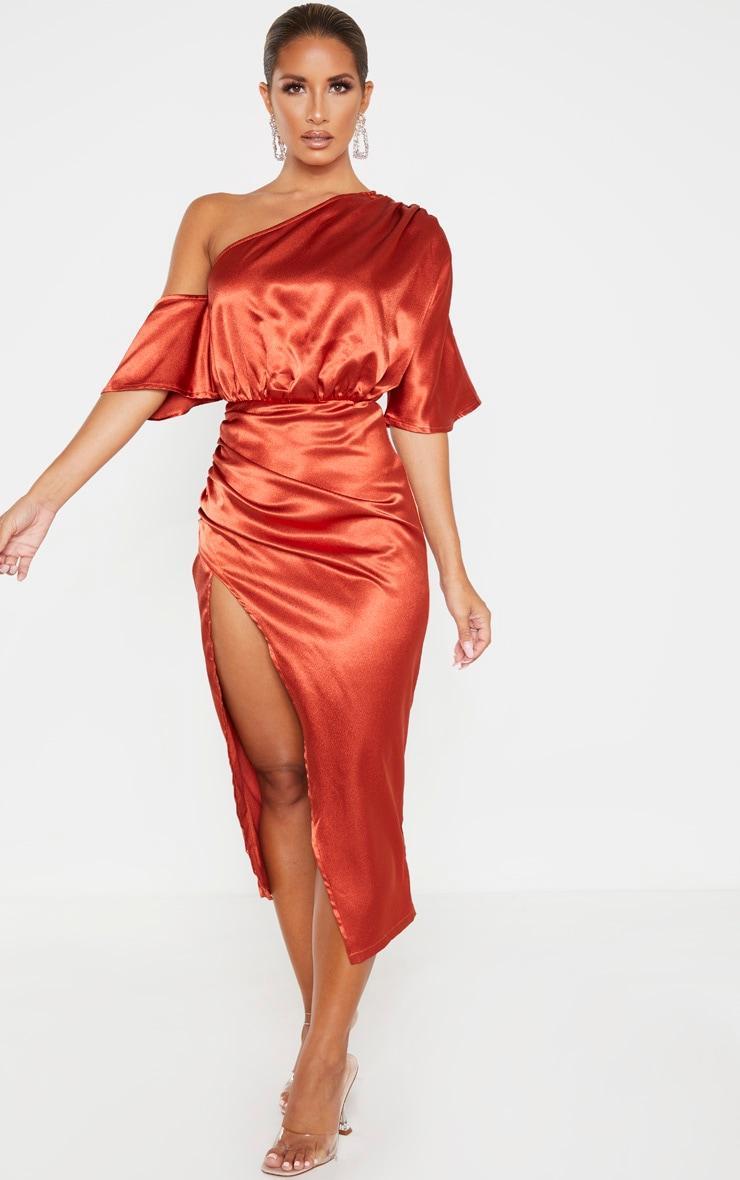 Rust Satin One Shoulder Ruched Skirt Midi Dress Product Image