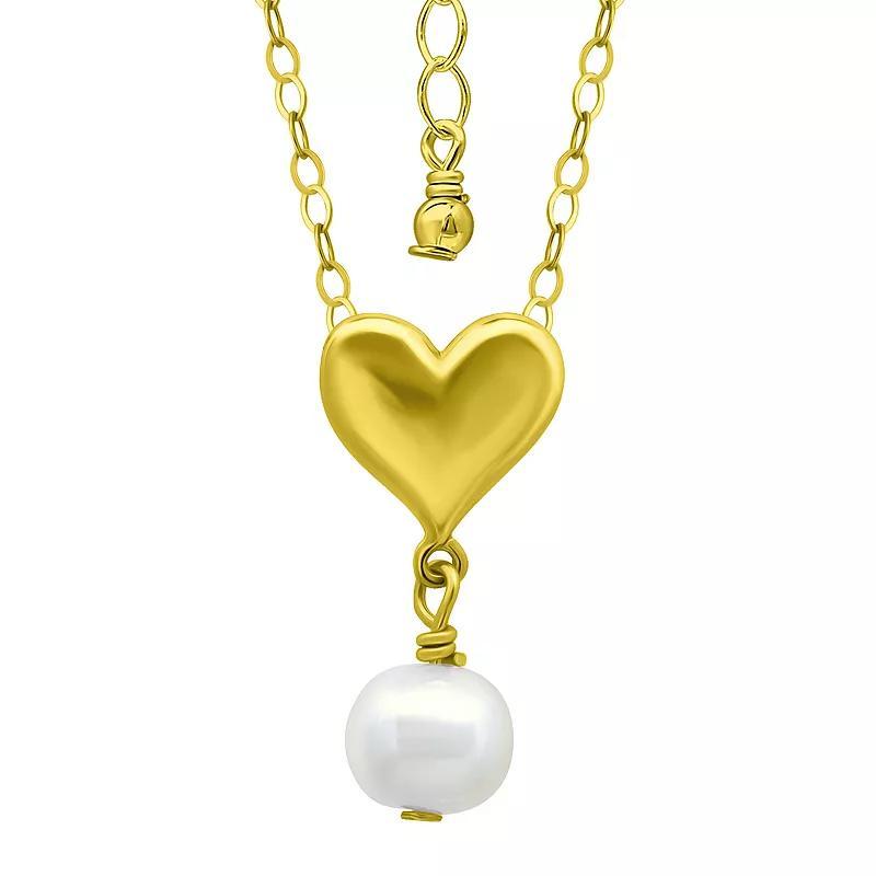 18k Gold over Sterling Silver 7mm Round Freshwater Pearl Drop on Polished Heart Necklace, Womens, Gold Tone Product Image