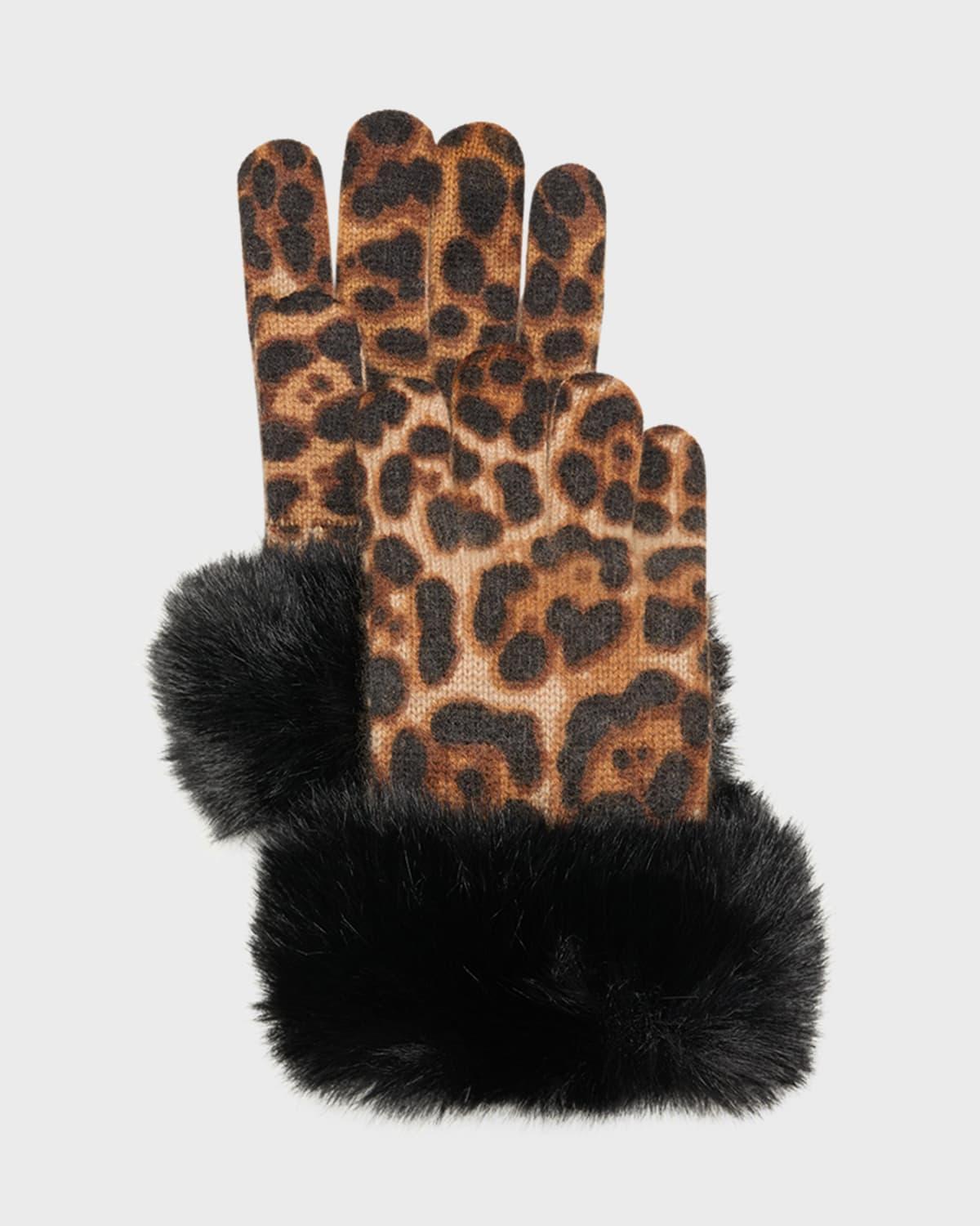 Leopard Print Cashmere Gloves w/ Faux Fur Cuffs Product Image