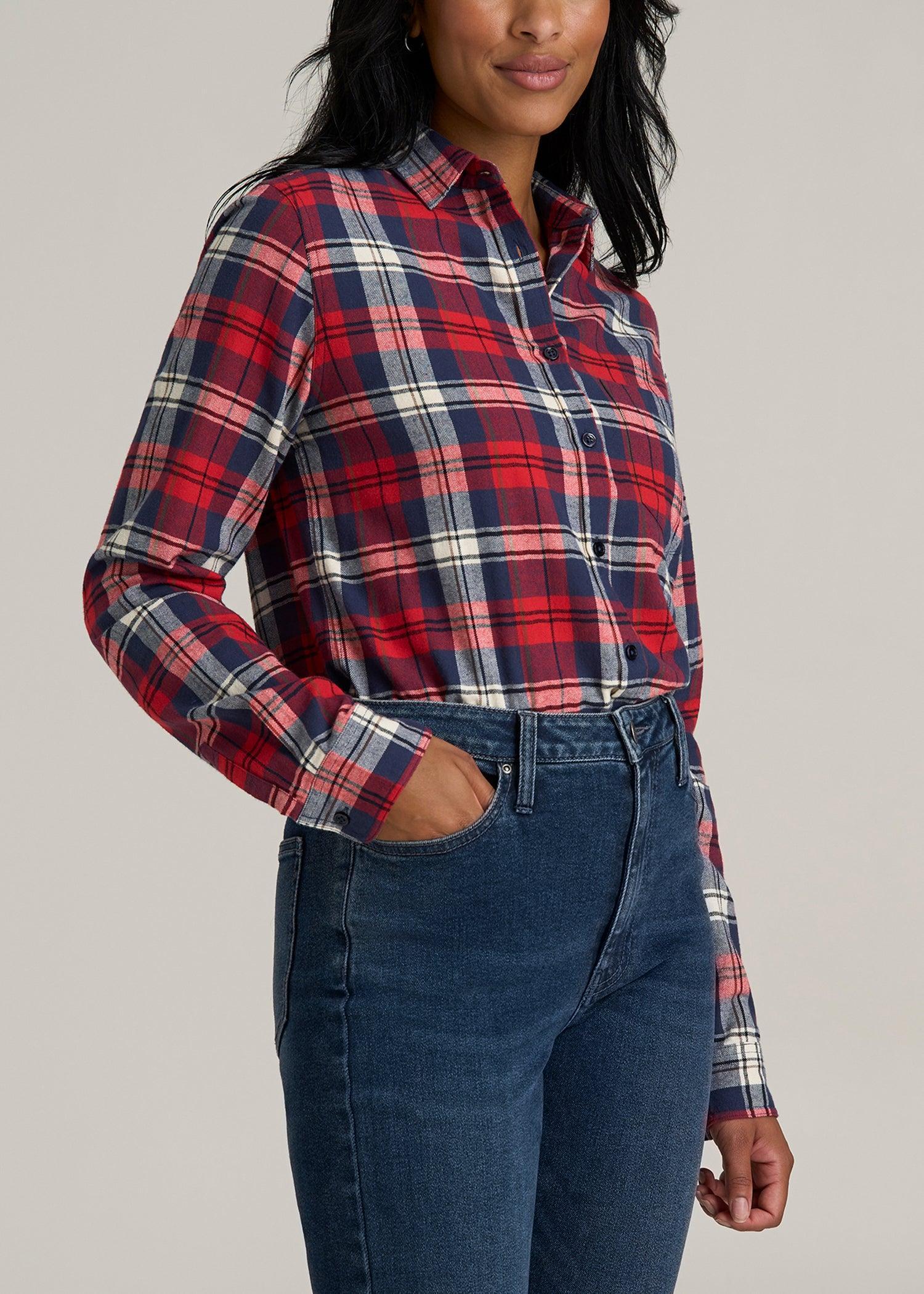 Flannel Button-Up Shirt for Tall Women in Rich Red Plaid Female Product Image