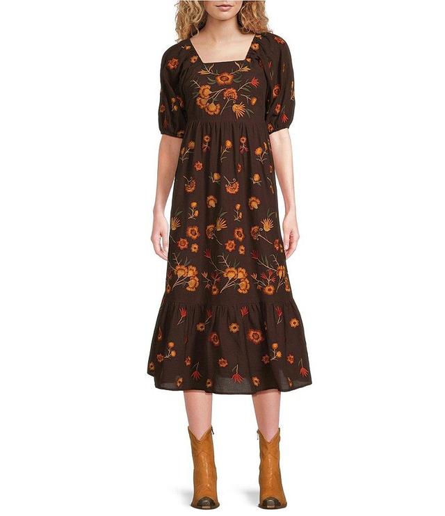 Reba Woven Mesh Floral Embroidered Sqaure Neck 3/4#double; Puff Sleeve Tiered A-Line Midi Dress Product Image