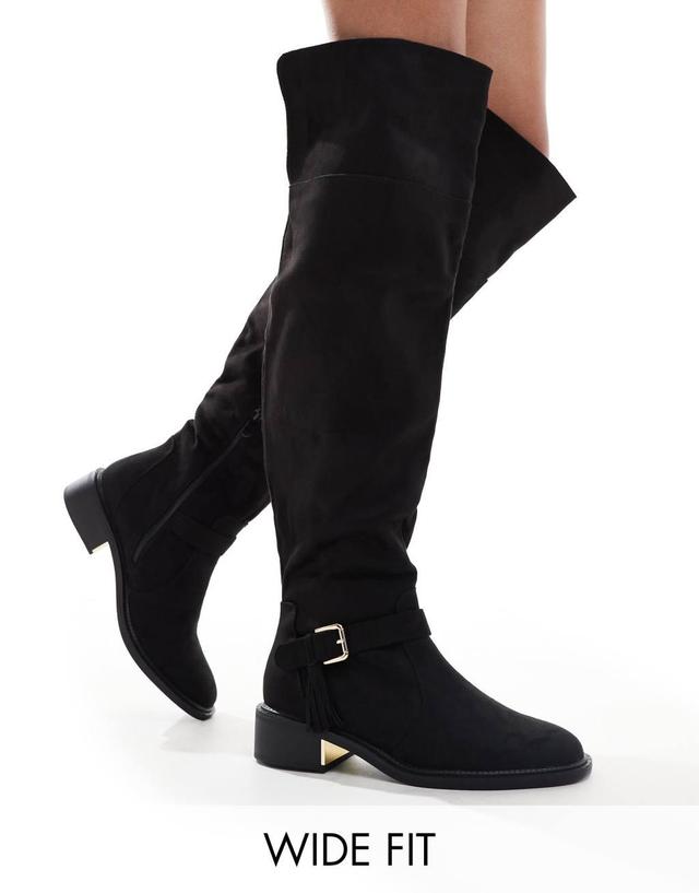 SEQWL Wide Fit over the knee flat boots with tassels in black Product Image