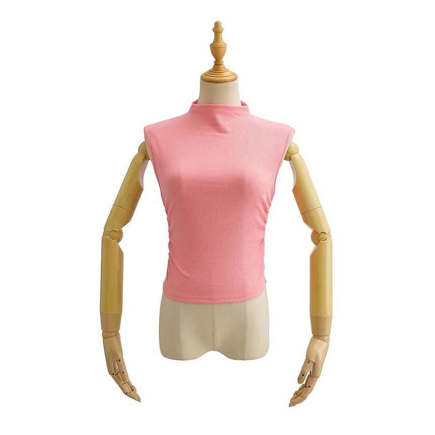 Sleeveless Mock-Neck Ruched Plain Crop Top Product Image