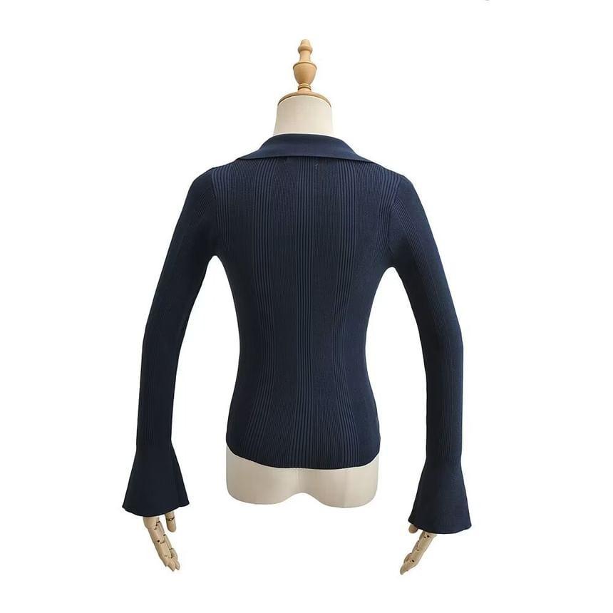 Flared-Sleeve Collar Plain Ribbed Cardigan Product Image