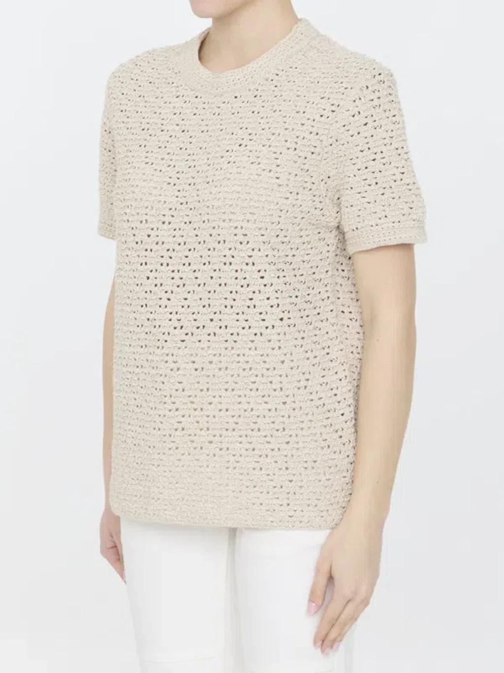 Crochet-knit Cotton T-shirt In Beige Product Image