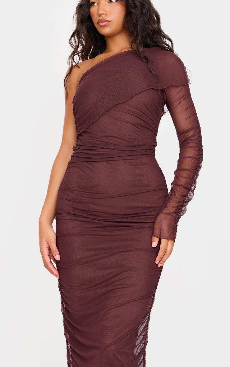 Chocolate Mesh Bardot One Sleeve Maxi Dress Product Image