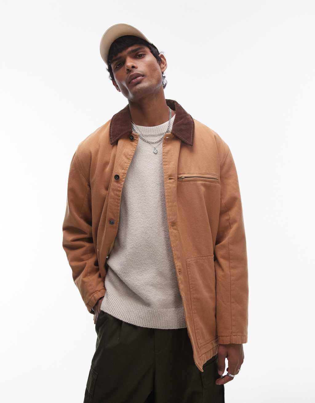 Topman wadded worker jacket in beige with contrast collar Product Image