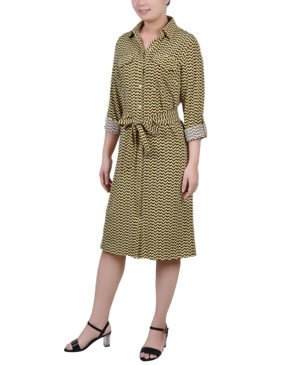 Ny Collection Petite Geometric Printed Long Sleeve Roll Tab Shirtdress Product Image